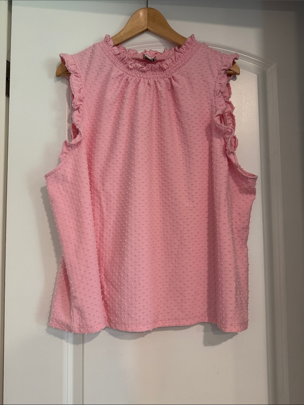 J Crew Women’s Pink Swiss Dot Ruffle Sleeveless Top Shirt Summer Vacation BBQ